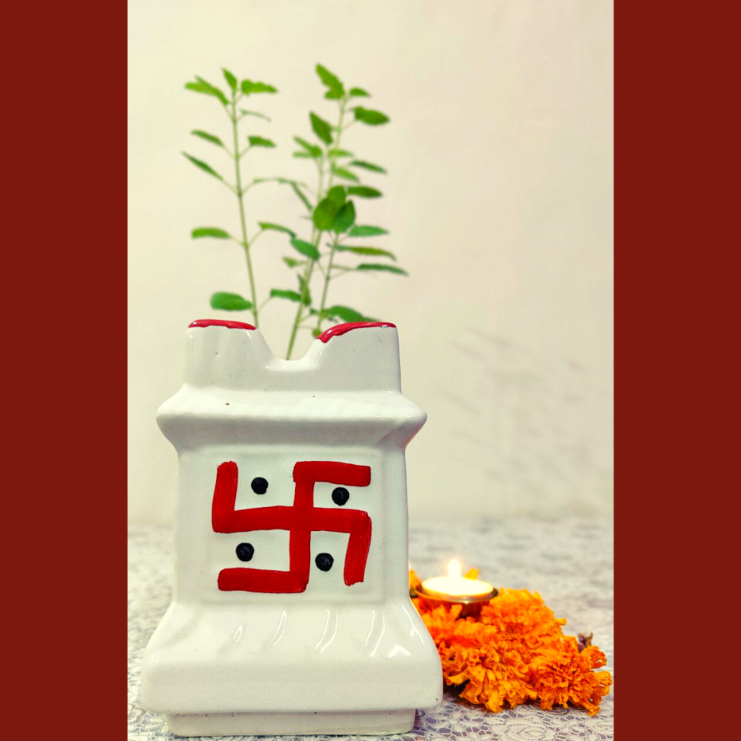 Homefrills small Tulsi Ceramic Planters Pot for Indoor, Outdoor, Home Office, Pooja Plants Gamla (Colour- White & Red ) Size-17 cm